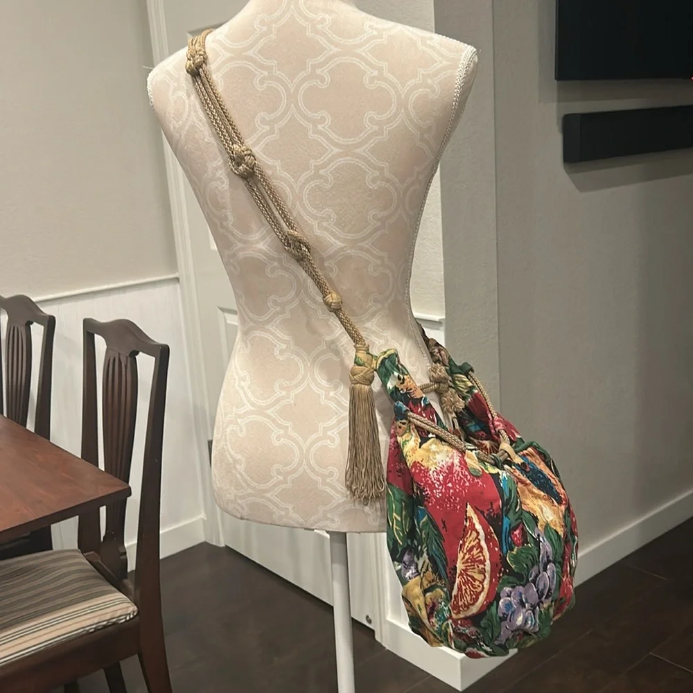 Bottega Venetta Floral Fruit Print Multicolor Canvas Boho Crossbody Purse RARE